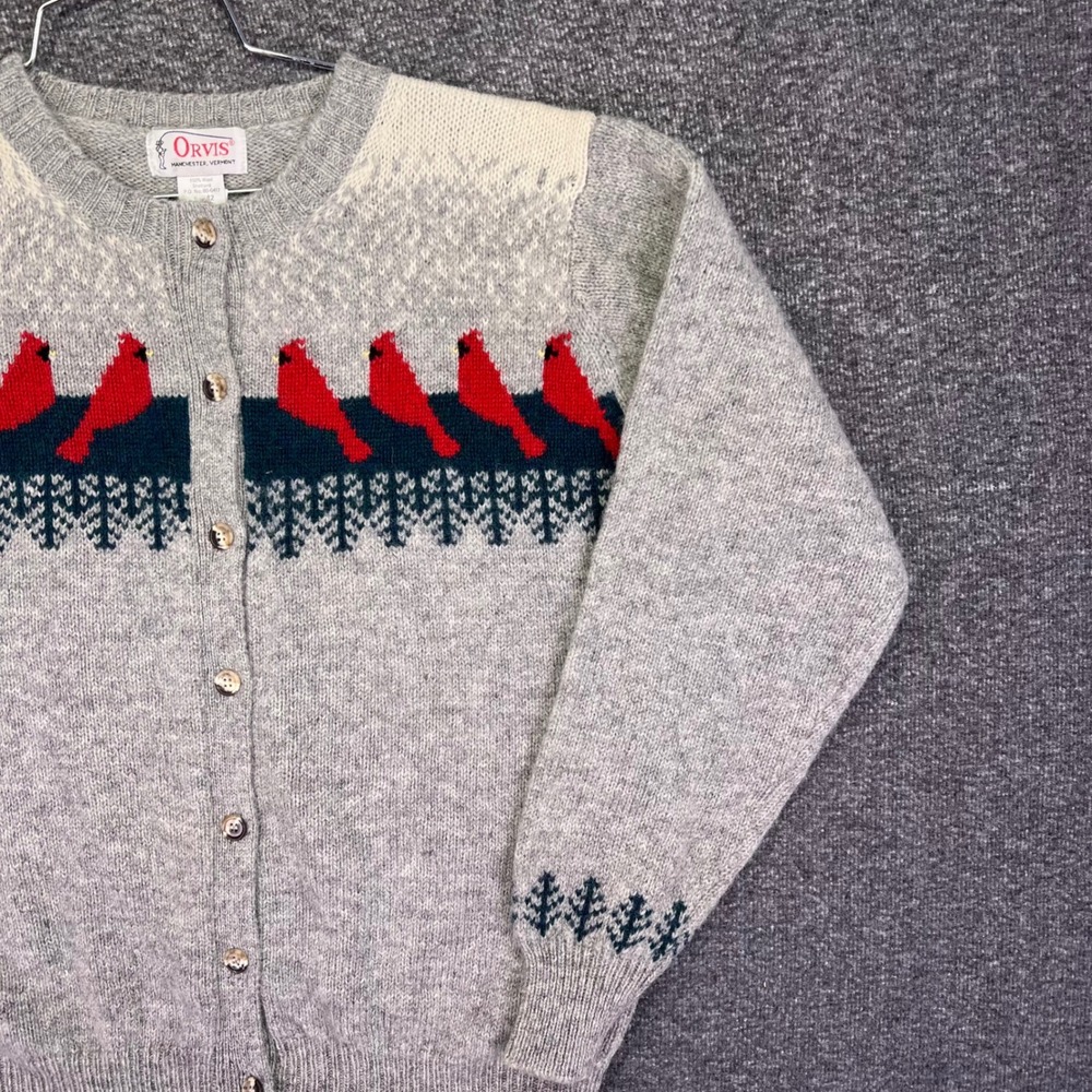 Orvis Cardinal Bird Cardigan Womens 42 Grey Shetland Wool Fair Isle Cabin Nature - Picture 11 of 16